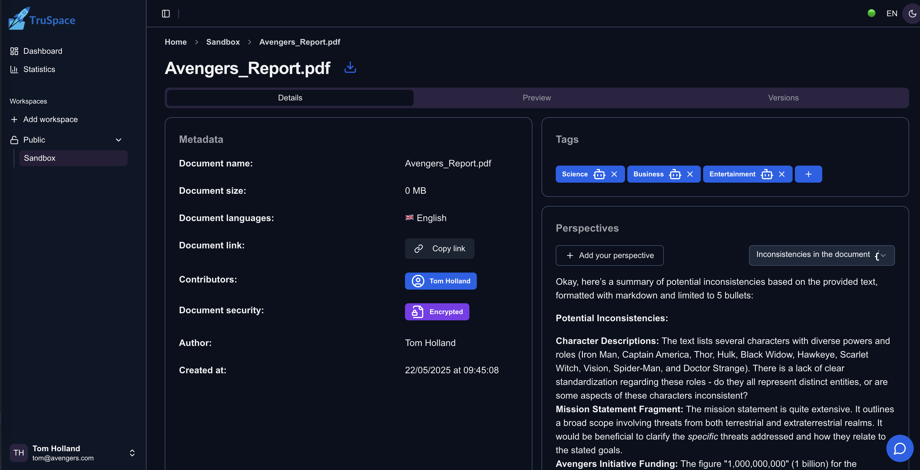 TruSpace application interface showing decentralized document collaboration with AI features